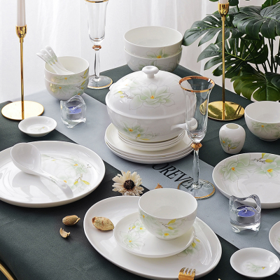 Huaguang Ceramic Porcelain Bone China Tableware Suit Bowl and Dish Set Household Chinese in-Glaze Decoration White Magnolia