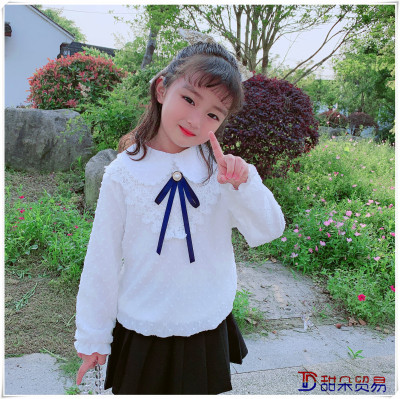 Girls' Bottoming Shirt Fleece-Lined Thickened Autumn and Winter Children's Cotton T-shirt Baby Long Sleeve Top Girls' Lapel White Shirt