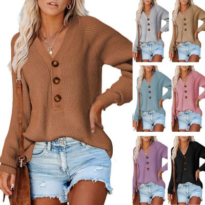 2021 Autumn and Winter New Amazon Button Sweater Cross-Border EBay European and American New Knitted V-neck Sweater for Women