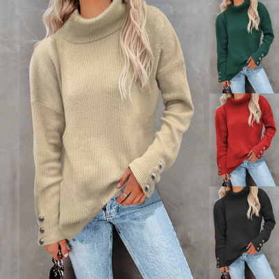 Europe and America Cross Border Autumn and Winter New Striped Turtleneck Cuff Button Sweater Solid Color Casual Loose-Fitting Oversized Sweater Women