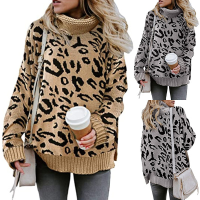 2020 Autumn and Winter New Cross-Border Women's Clothing European and American Leisure Slit Knit Sweater Leopard Print Two Lapel Pullover Sweater for Women