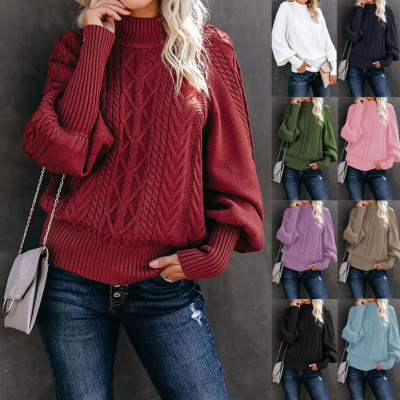Wish2021 Winter New Mid-Neck Sweater Women's Amazon Foreign Trade Loose Long Sleeve Knitted Solid Color Sweater