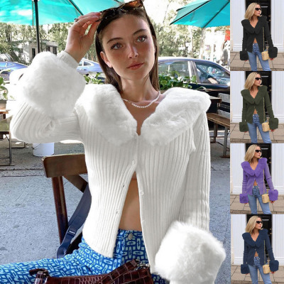 2021 Europe and America Cross Border Foreign Trade Winter New Long Sleeve Top Sexy Fur Collar Knitted Coat Top Women