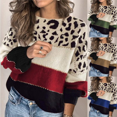 Wish2021 Amazon Winter Autumn and Winter New Contrast Color Sweater Women's European and American Foreign Trade Loose round Neck Base Sweater