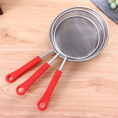 Red Handle Stainless Steel Edge-Covered Twill Mesh Oil Grid Home Baking Oil Fishing Bird's Nest Soybean Milk Colander Yuan Shop Wholesale