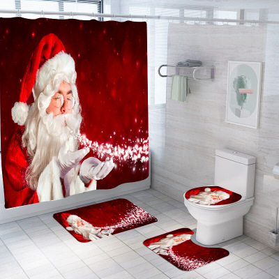 Santa Claus Cartoon Shower Curtain Cross-Border E-Commerce Dedicated Polyester Waterproof Bathroom Curtain Carpet Floor Mat Shower Curtain Four-Piece Set