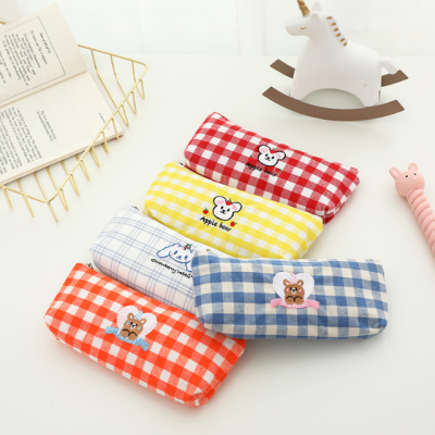 New Fashion Simple PencilCase Canvas Check Pattern Embroidery Student Stationery Storage Bag Cute Pencil Bag Pencil Case