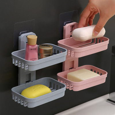 Wheat Straw Double-Layer Soap Box Bathroom Suction Cup Punch-Free Storage Rack Soap Dish Soap Box Wall-Mounted Drain Soap Holder