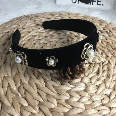 Baroque Vintage Pearl Rhinestone Headband Women's Flannel Thin Sponge Hair Band European and American Ins Style Hair Accessories