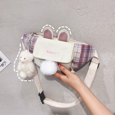 Korean Style Ins Cute Plaid Slanted Chest Bag Women's 2021 New Cartoon Shoulder Bag Student Casual Canvas Waist Bag