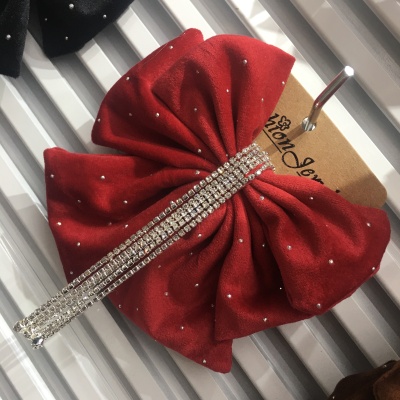 Korean Velvet Bow Barrettes Women's Vintage Rhinestone Tassel Top Gap Former Red Back Spoon Spring Clip Hair Clip Headdress