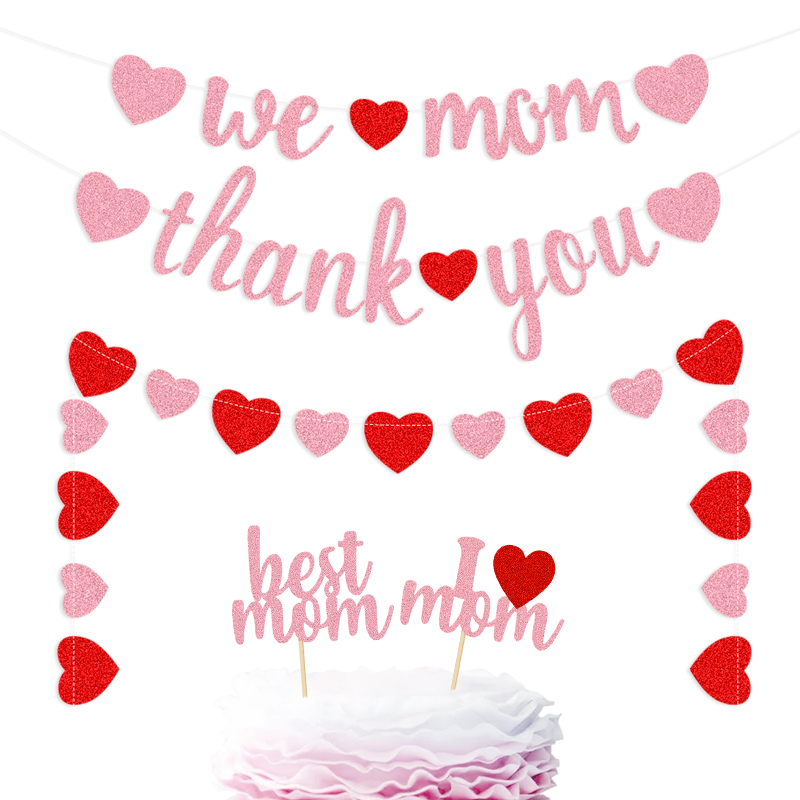 Mother‘s Day We Mom Thank You Glitter Flower Love String Flag Best Mom I mom Cake Card Insertion 