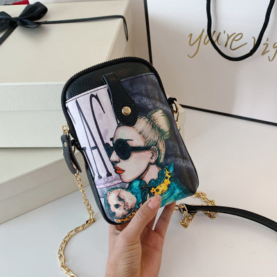 European and American Cartoon Printed Crossbody Women's Bag Japanese Personality Trendy Girl's Small Square Bag New Retro Chain Shoulder Bag