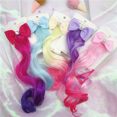 Korean New Bow Wig Barrettes Children's Wig Hair Accessories Colorful Gradient Braid Curly Hair Hairpin Barrettes