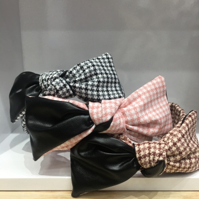 Korean Style Houndstooth Headband Wide-Edge Bow Hairpin Autumn and Winter French Style Temperament All-Matching Simple Cloth Head Buckle