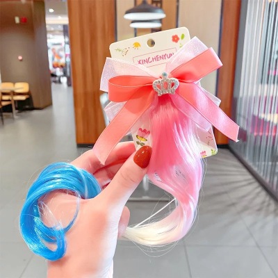 Children's Crown Headdress Cute Cute Wig Hairpin Ice Princess Headdress Braided Hair Gradient Bow Barrettes