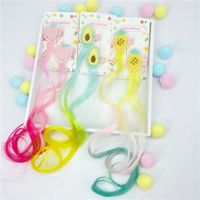 Children's Mesh Embroidery Wig Barrettes Summer Fruit Korean Hairpin Bowknot Color Wig Hair Clip Female