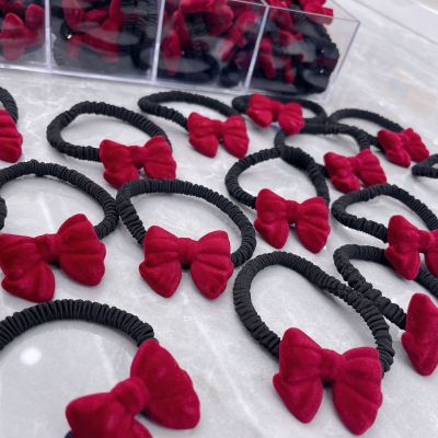 New Princess on the Run Three-Dimensional Red Bow Tie Flocking Hair Rope Hair Band Fashion Simple Ponytail Hair String Rubber Band