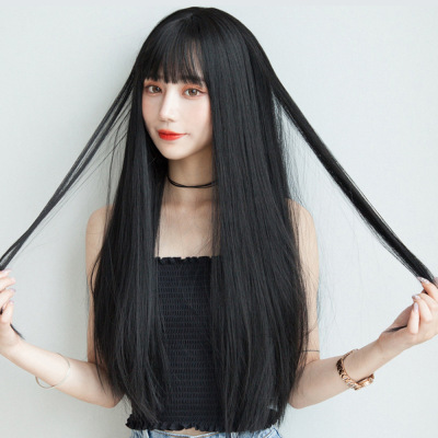 Wig Head Cover Female Summer Long Hair Air Bangs Black Long Straight Natural Full-Head Wig Style Wig Sheath