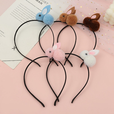 Factory Wholesale Fine Hair Fixer Cute Plush Rabbit Headband Solid Color Children's Headband Fur Ball Bunny Headband Hair Band