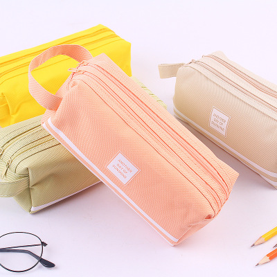 Large Capacity Pencil Case Canvas Large Capacity Pencil Case Double-Layer Simplicity Multifunctional Pure Colored Fresh Pencil Box Stationery Box