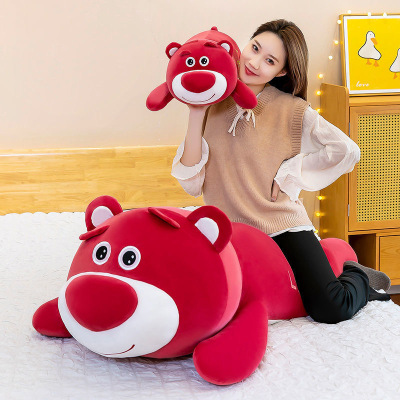 down Cotton Strawberry Bear Plush Toy Lying Pillow Cute Leaning Bear Doll Large Long Sleeping Pillow Girl Cute