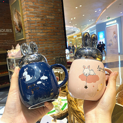Cartoon Japanese Rabbit Cup with Lid Leak-Proof Mug Milk Coffee Cute Male and Female Students Lovers Ceramic Cup