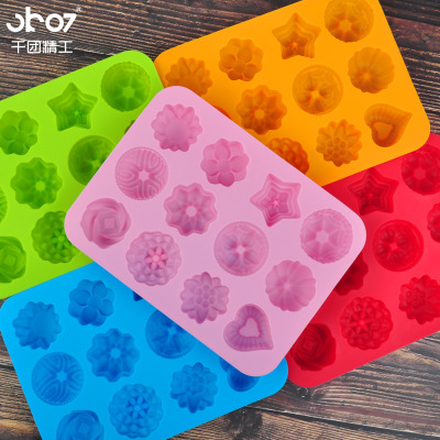 Thickened 12-Grid Flower and Grass Silicone Cake Baking Mold Multi-Piece Muffin Cup Mold Pudding Jelly Handmade Soap Mold