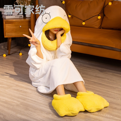 Funny Internet Celebrity Sand Carving Duck Pajamas Sleeping Bag with Duck Shoes Thickened Flannel Nightgown Blanket Cute Duck Couple's Clothes