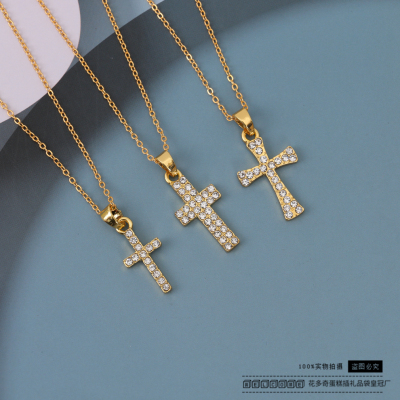 Simple Fashion in Europe and America Cross Pendant Golden Clavicle Chain Rhinestone Micro-Inlaid Craft Elegant Necklace 21 New