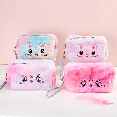 Kaai Cartoon Plush Cosmetic Bag Student Convenient Portable Storage Bag Large Capacity Travel Cat Wash Bag