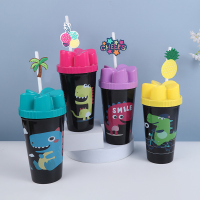 Fashion Pp Solid Color Straw Cup Cute Dinosaur Pattern Creative Small Crown Tropical Fruit Style Straw Cup