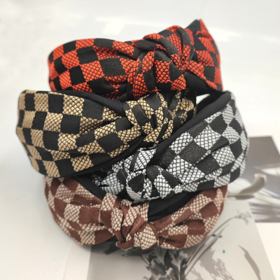 New Korean Style Small Plaid Fabric Cross Headdress Classic Style Headband Wholesale Simple All-Match Wide-Brimmed Knotted Headband