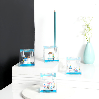 New Creative Small Blue House Pen Holder Hourglass Acrylic Artware Table Decoration Square Decoration Transparent