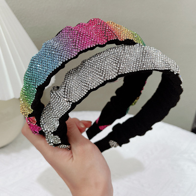 New Korean Style Rhinestone Hair Accessories Simple Rhinestone Wide Edge Pressure Nozzle Headband Full Diamond Pleated Pork Intestine Hairpin