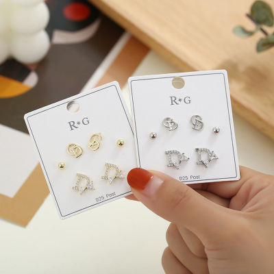 Sterling Silver Needle Japan and South Korea Mini Temperament Petite Earrings Temperament Three-Piece Earrings Removal-Free Earrings Eardrops