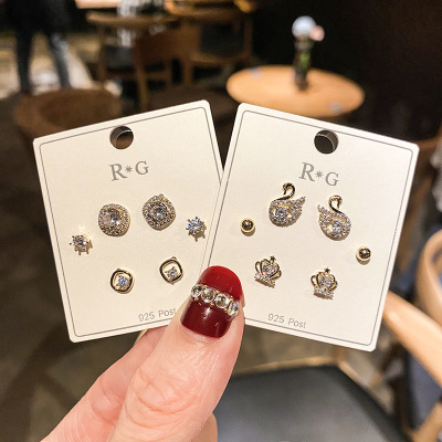 Elegant Korean Earrings S925 Diamond-Embedded Little Swan Crown Stud Earring Sweet Fashion Rhinestones Earrings Three Pairs Set