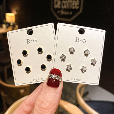 Sterling Silver Needle Stud Earrings Female Micro Inlaid Zircon Korean Style Short Hair Earrings Internet Celebrity Temperament Wild Minimalist Three-Piece Set Stud Earrings