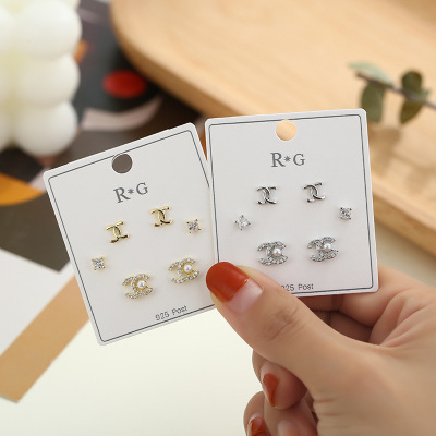 2021new High-Grade Micro Inlaid Zircon Sterling Silver Needle Pairs of C Stud Earrings Women's Three-Piece Set Small and Simple Earrings