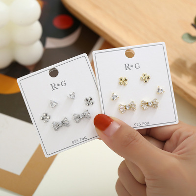 925 Silver Needle Micro Inlaid Zircon Short Stud Earring Japanese and Korean Temperamental Minimalist Three-Piece Set Combination Ear Studs Petite Earrings Women