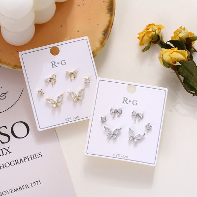 Sterling Silver Needle Japanese and Korean Temperamental All-Match Minimalist Three-Piece Set Stud Earrings Women's Short Micro Inlaid Zircon Butterfly Earrings Wholesale