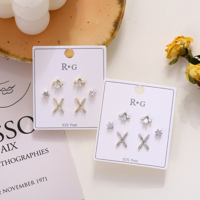 925 Silver Stud Earrings Three Pairs of Personalized Micro Inlaid Zircon Real Gold Electroplated Earrings Korean Style Elegant High-Grade Earrings