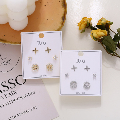2021 Spring/Summer New Studs Student Minimalist Temperament Earrings Studded with Zircon 925 Silver Pin Earrings Three Pairs Suit