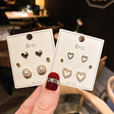 Korean Style Internet Hot Pearl Stud Earrings Combination Set Sterling Silver Needle Micro Inlaid Pearls Heart-Shaped Three-Piece Earrings