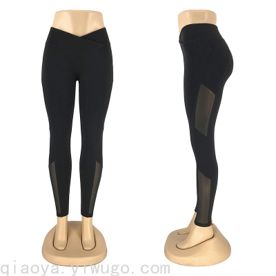 New Design V Waist Yoga Pants Women 'S Hip Raise Fitness Pants Cropped Stitching Mesh Tight Leggings Running Sports
