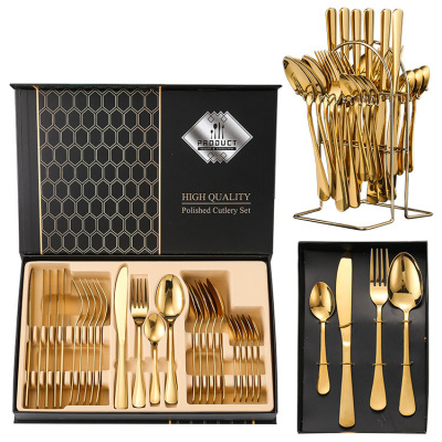 1010 Western Tableware Exclusive for Cross-Border 24 Pieces Gift Set Stainless Steel Titanium Plated Steak Knife and Fork Spoon Spoon
