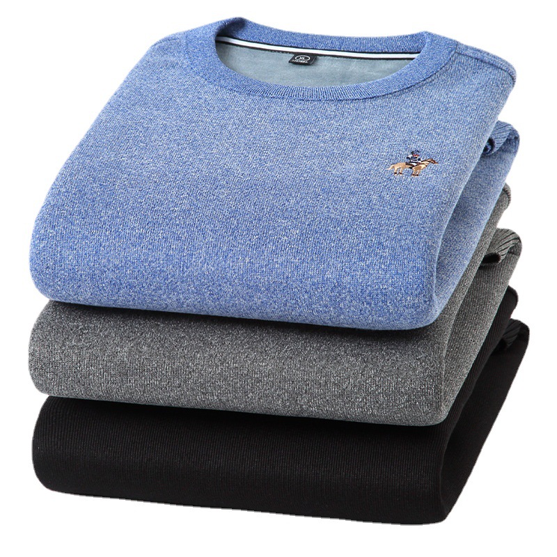 高档新款冬季保暖毛衣男 中青年加绒加厚圆领套头韩版舒适针织衫