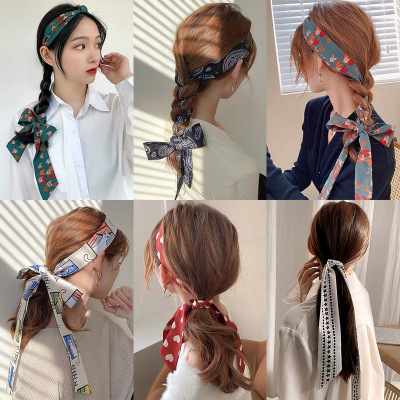 New Style Hair Tie Ribbon French Headband Ornament Vintage Bow Headdress Women's Silk Scarf Hair Band