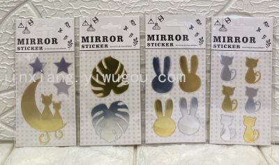 Cartoon Gold and Silver Mirror Stickers Star Moon Hexagon Butterfly Flower round Cat Dolphin Mirror Decorative Sticker