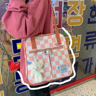 Japanese Ins Harajuku Cute Girls' One-Shoulder Bag Chessboard Plaid New Tote Bag Fresh Special-Interest Artistic Bag for Women